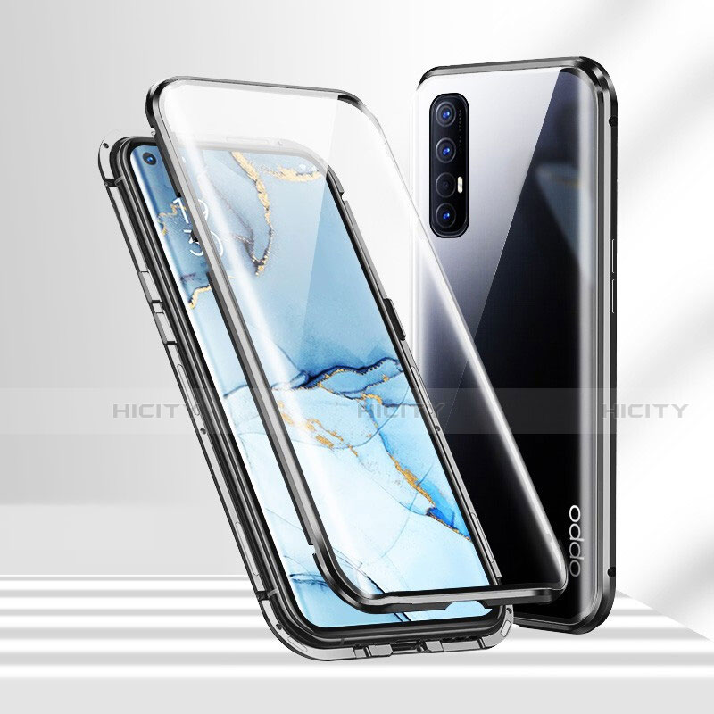 Coque Rebord Bumper Luxe Aluminum Metal Miroir 360 Degres Housse Etui Aimant T02 pour Oppo Reno3 Pro Noir Plus