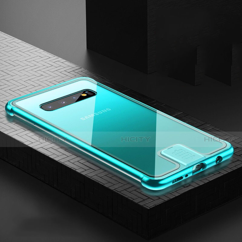 Coque Rebord Bumper Luxe Aluminum Metal Miroir 360 Degres Housse Etui Aimant T02 pour Samsung Galaxy S10 5G Cyan Plus