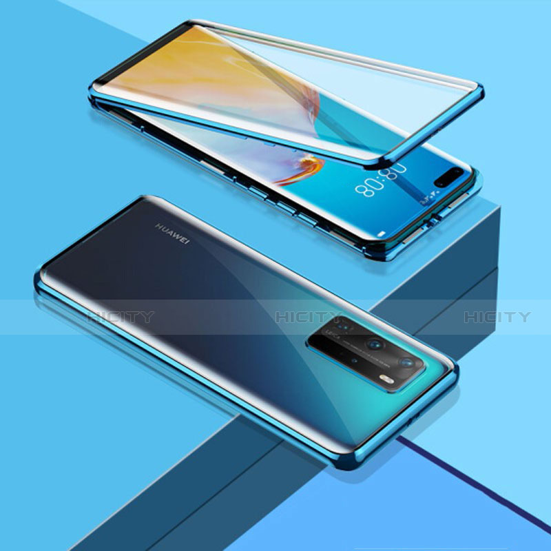 Coque Rebord Bumper Luxe Aluminum Metal Miroir 360 Degres Housse Etui Aimant T03 pour Huawei P40 Pro Bleu Plus