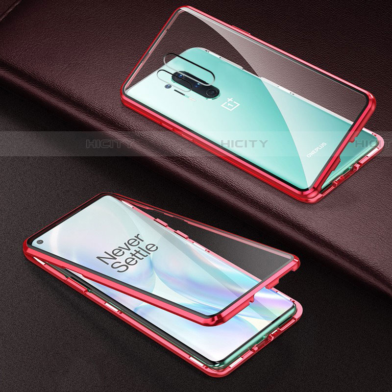 Coque Rebord Bumper Luxe Aluminum Metal Miroir 360 Degres Housse Etui Aimant T03 pour OnePlus 8 Pro Rouge Plus