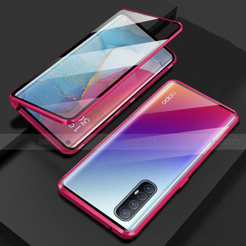 Coque Rebord Bumper Luxe Aluminum Metal Miroir 360 Degres Housse Etui Aimant T03 pour Oppo Find X2 Neo Rouge Plus