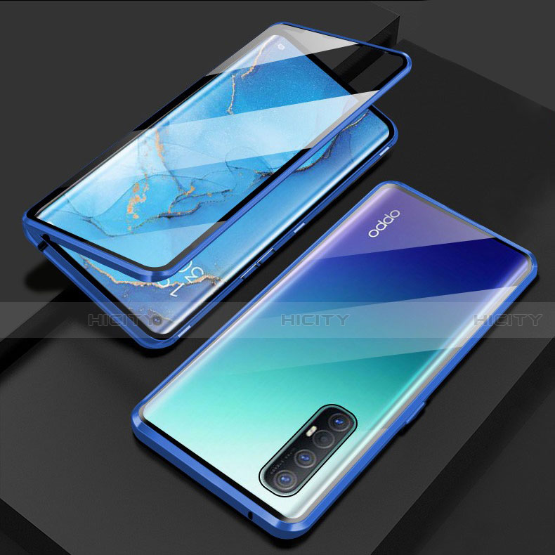 Coque Rebord Bumper Luxe Aluminum Metal Miroir 360 Degres Housse Etui Aimant T03 pour Oppo Reno3 Pro Bleu Plus