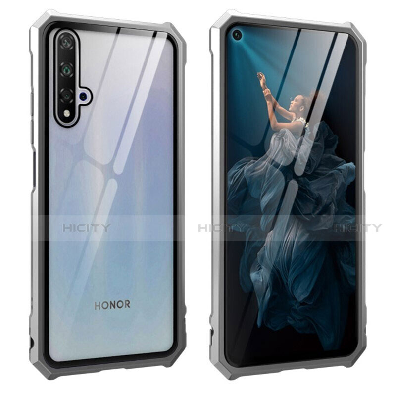 Coque Rebord Bumper Luxe Aluminum Metal Miroir 360 Degres Housse Etui Aimant T04 pour Huawei Honor 20 Argent Plus