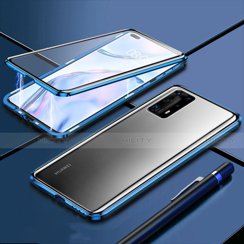 Coque Rebord Bumper Luxe Aluminum Metal Miroir 360 Degres Housse Etui Aimant T04 pour Huawei P40 Pro+ Plus Bleu Plus