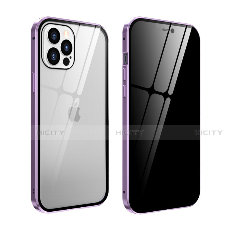 Coque Rebord Bumper Luxe Aluminum Metal Miroir 360 Degres Housse Etui Aimant T05 pour Apple iPhone 12 Pro Violet Clair Plus