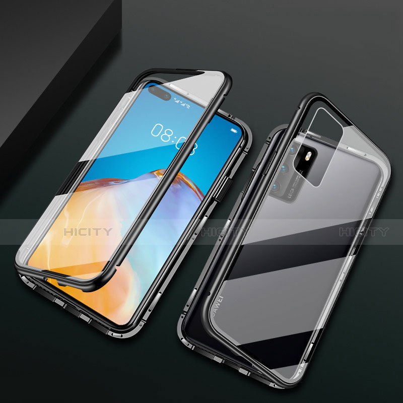 Coque Rebord Bumper Luxe Aluminum Metal Miroir 360 Degres Housse Etui Aimant T05 pour Huawei P40 Noir Plus