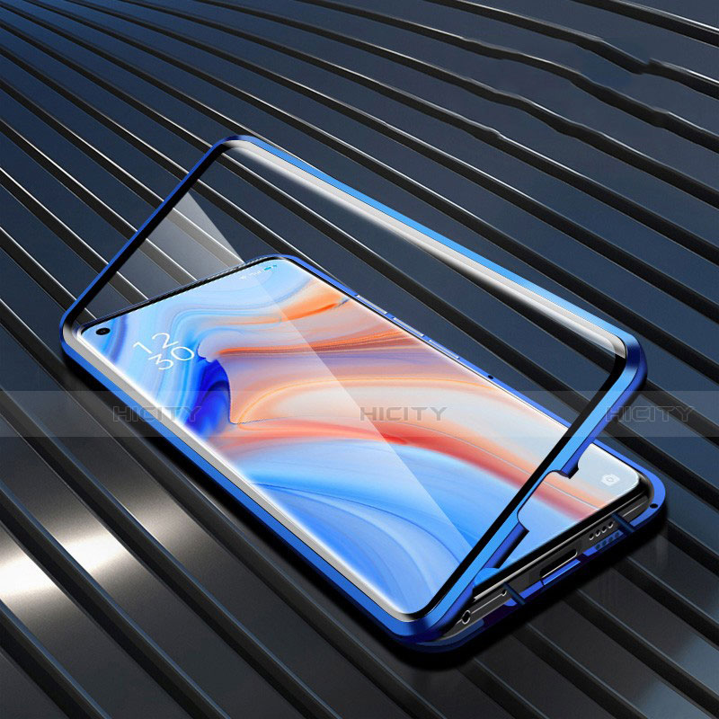 Coque Rebord Bumper Luxe Aluminum Metal Miroir 360 Degres Housse Etui Aimant T05 pour Oppo Reno4 5G Bleu Plus