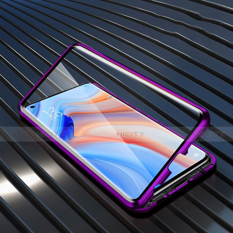 Coque Rebord Bumper Luxe Aluminum Metal Miroir 360 Degres Housse Etui Aimant T05 pour Oppo Reno4 5G Violet Plus