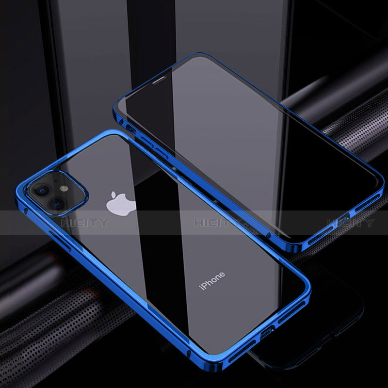 Coque Rebord Bumper Luxe Aluminum Metal Miroir 360 Degres Housse Etui Aimant T06 pour Apple iPhone 12 Bleu Plus