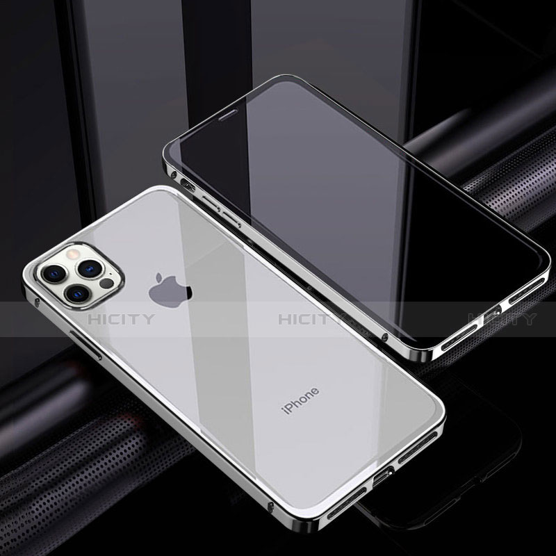 Coque Rebord Bumper Luxe Aluminum Metal Miroir 360 Degres Housse Etui Aimant T06 pour Apple iPhone 12 Pro Max Argent Plus