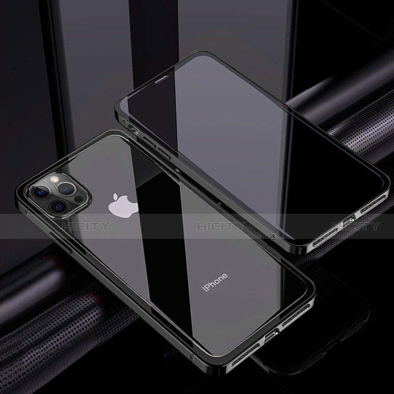 Coque Rebord Bumper Luxe Aluminum Metal Miroir 360 Degres Housse Etui Aimant T06 pour Apple iPhone 12 Pro Max Noir Plus