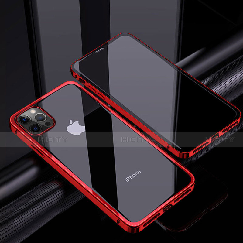 Coque Rebord Bumper Luxe Aluminum Metal Miroir 360 Degres Housse Etui Aimant T06 pour Apple iPhone 12 Pro Max Rouge Plus