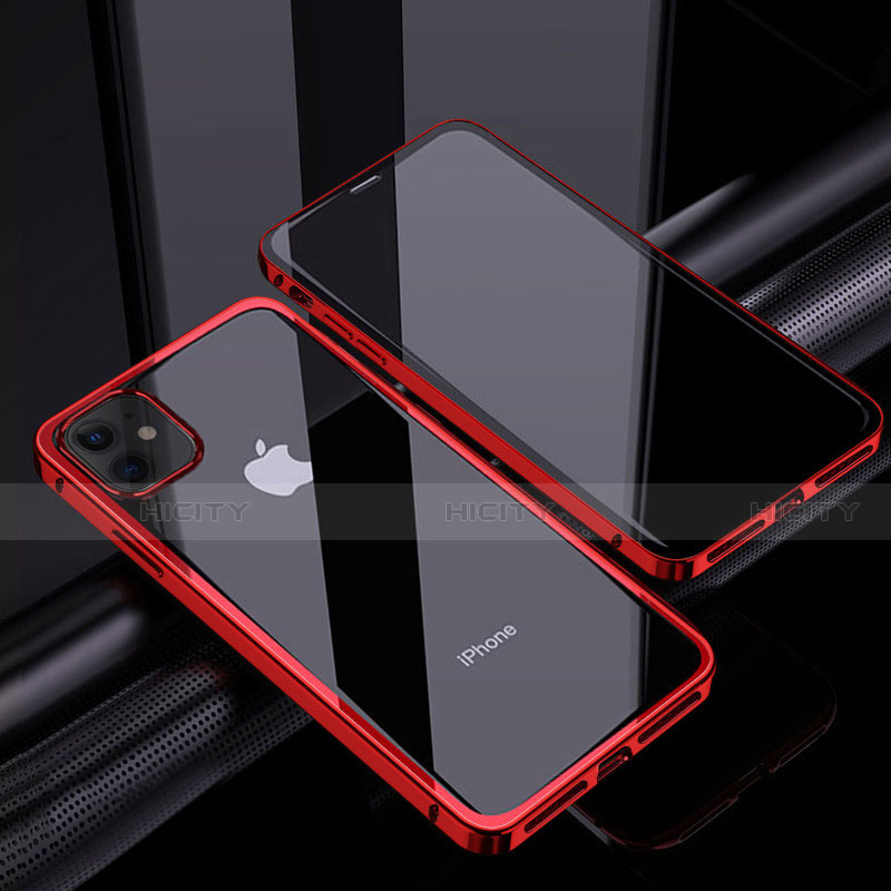 Coque Rebord Bumper Luxe Aluminum Metal Miroir 360 Degres Housse Etui Aimant T06 pour Apple iPhone 12 Rouge Plus