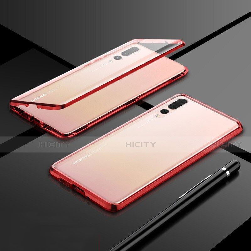 Coque Rebord Bumper Luxe Aluminum Metal Miroir 360 Degres Housse Etui Aimant T06 pour Huawei P20 Pro Rouge Plus