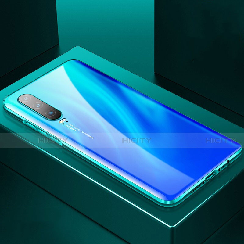 Coque Rebord Bumper Luxe Aluminum Metal Miroir 360 Degres Housse Etui Aimant T06 pour Huawei P30 Bleu Plus