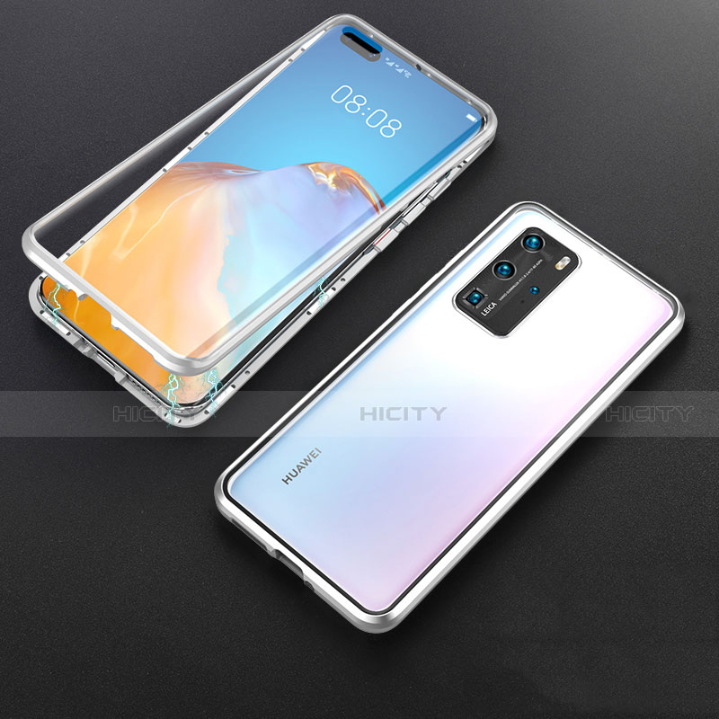 Coque Rebord Bumper Luxe Aluminum Metal Miroir 360 Degres Housse Etui Aimant T06 pour Huawei P40 Pro Argent Plus