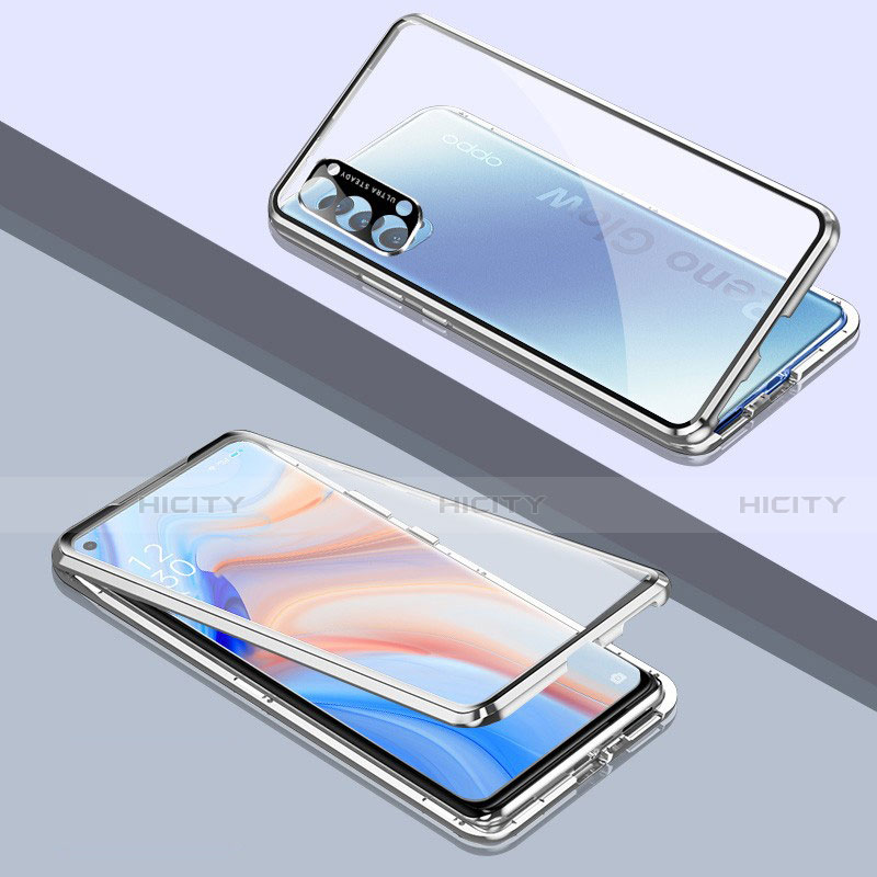 Coque Rebord Bumper Luxe Aluminum Metal Miroir 360 Degres Housse Etui Aimant T06 pour Oppo Reno4 5G Argent Plus