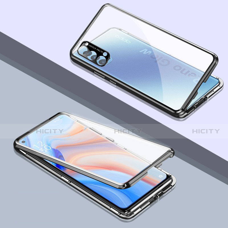 Coque Rebord Bumper Luxe Aluminum Metal Miroir 360 Degres Housse Etui Aimant T06 pour Oppo Reno4 5G Noir Plus