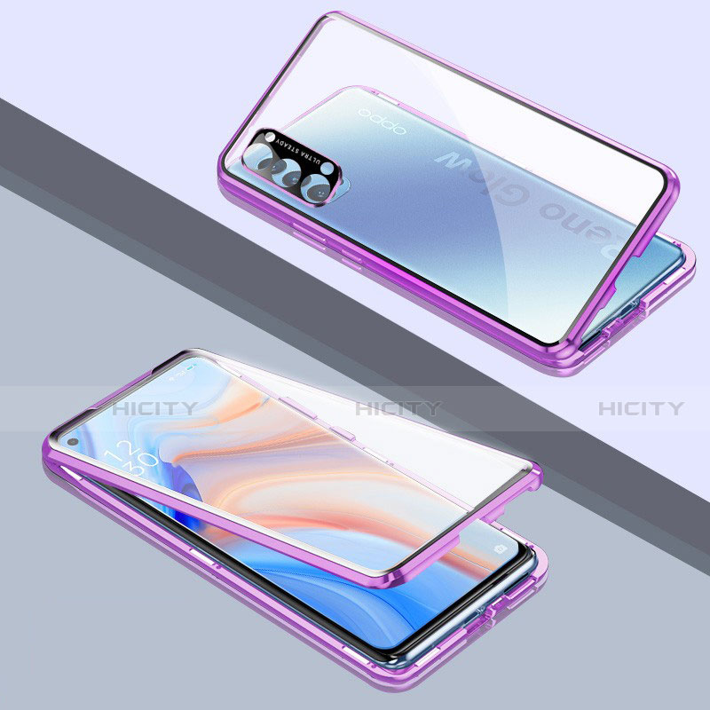 Coque Rebord Bumper Luxe Aluminum Metal Miroir 360 Degres Housse Etui Aimant T06 pour Oppo Reno4 5G Violet Plus