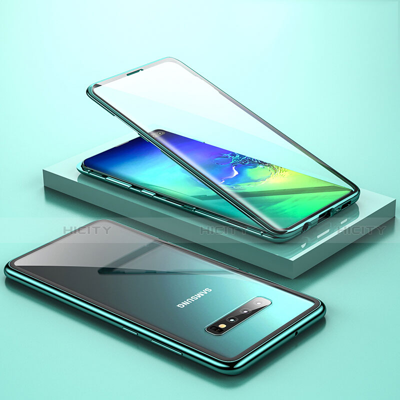 Coque Rebord Bumper Luxe Aluminum Metal Miroir 360 Degres Housse Etui Aimant T06 pour Samsung Galaxy S10 Plus Cyan Plus