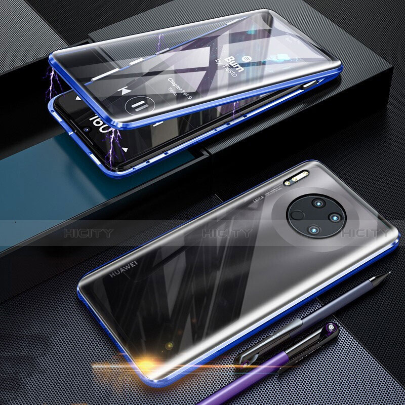 Coque Rebord Bumper Luxe Aluminum Metal Miroir 360 Degres Housse Etui Aimant T07 pour Huawei Mate 30 Pro Bleu Plus