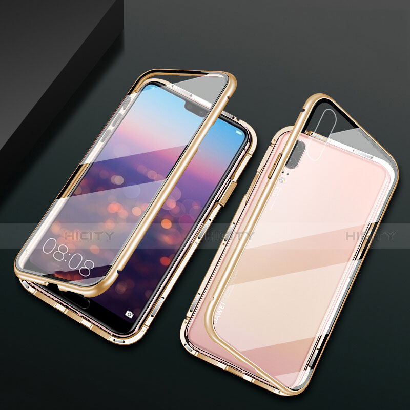 Coque Rebord Bumper Luxe Aluminum Metal Miroir 360 Degres Housse Etui Aimant T07 pour Huawei P20 Or Plus