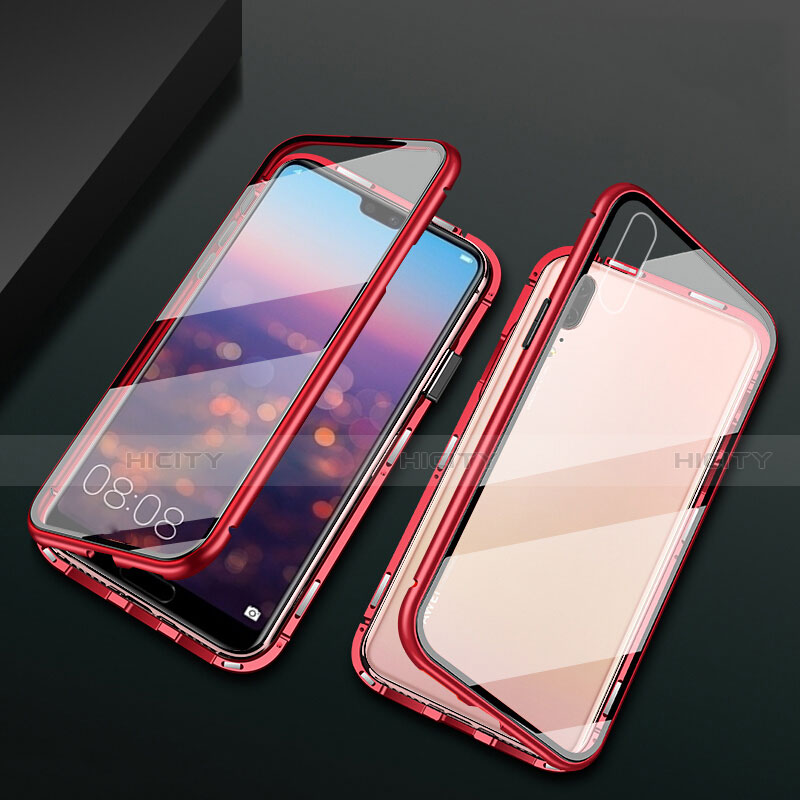 Coque Rebord Bumper Luxe Aluminum Metal Miroir 360 Degres Housse Etui Aimant T07 pour Huawei P20 Rouge Plus