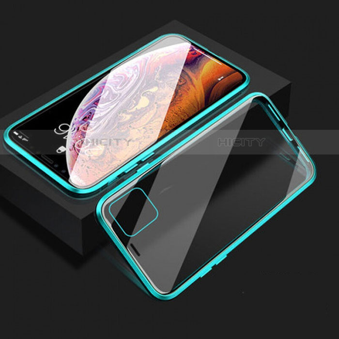 Coque Rebord Bumper Luxe Aluminum Metal Miroir 360 Degres Housse Etui Aimant T08 pour Apple iPhone 11 Cyan Plus