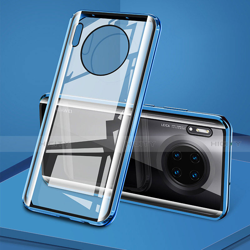 Coque Rebord Bumper Luxe Aluminum Metal Miroir 360 Degres Housse Etui Aimant T08 pour Huawei Mate 30 Bleu Plus