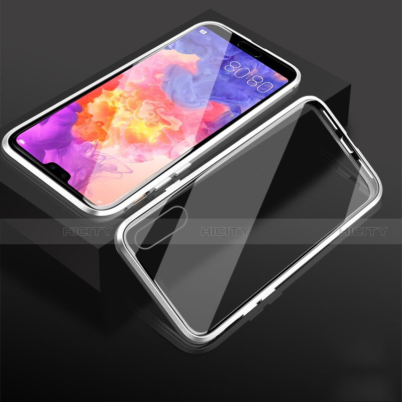 Coque Rebord Bumper Luxe Aluminum Metal Miroir 360 Degres Housse Etui Aimant T08 pour Huawei P20 Argent Plus