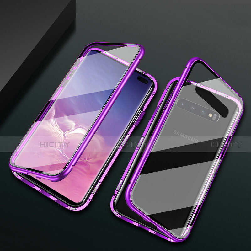 Coque Rebord Bumper Luxe Aluminum Metal Miroir 360 Degres Housse Etui Aimant T08 pour Samsung Galaxy S10 Plus Violet Plus