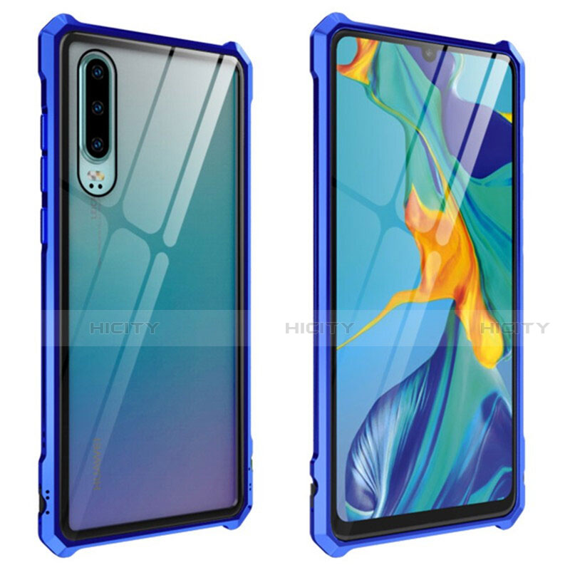 Coque Rebord Bumper Luxe Aluminum Metal Miroir 360 Degres Housse Etui Aimant T09 pour Huawei P30 Bleu Plus