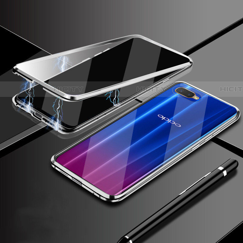 Coque Rebord Bumper Luxe Aluminum Metal Miroir 360 Degres Housse Etui Aimant T09 pour Oppo R17 Neo Argent Plus