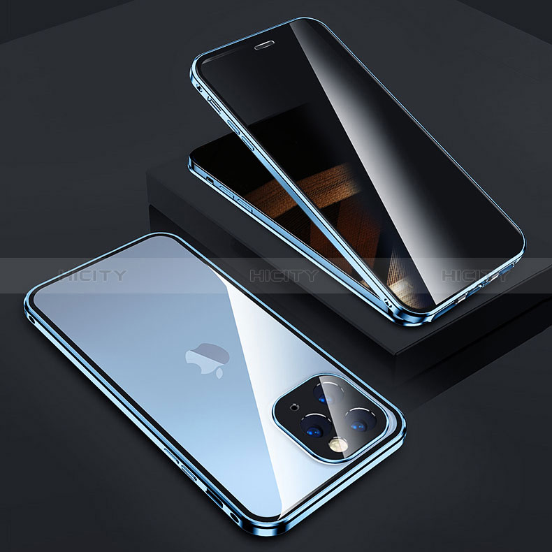 Coque Rebord Bumper Luxe Aluminum Metal Miroir 360 Degres Housse Etui Aimant Z05 pour Apple iPhone 14 Pro Bleu Plus