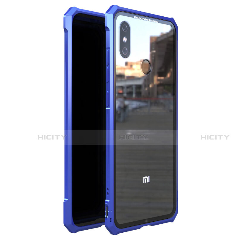 Coque Rebord Bumper Luxe Aluminum Metal Miroir 360 Degres Housse Etui M01 pour Xiaomi Mi 8 Bleu Plus