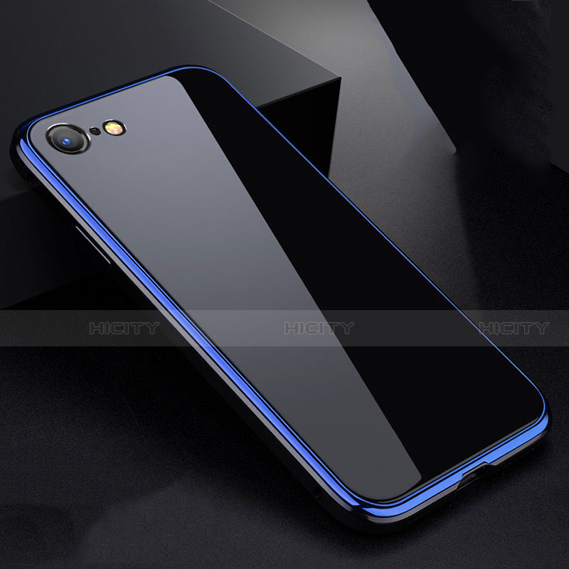 Coque Rebord Bumper Luxe Aluminum Metal Miroir 360 Degres Housse Etui pour Apple iPhone 8 Bleu et Noir Plus