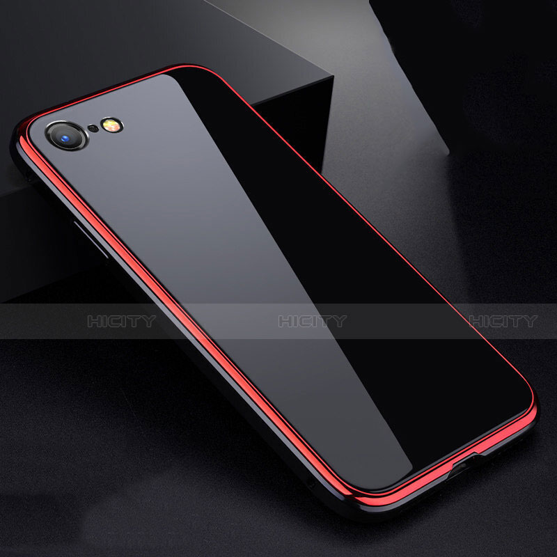 Coque Rebord Bumper Luxe Aluminum Metal Miroir 360 Degres Housse Etui pour Apple iPhone 8 Rouge et Noir Plus