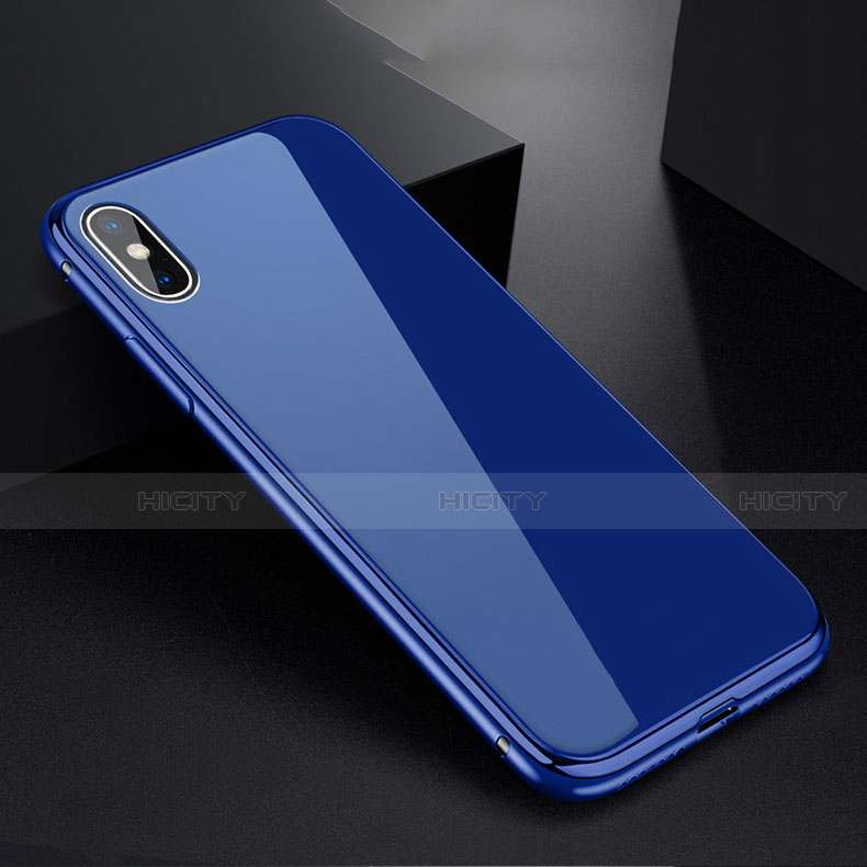 Coque Rebord Bumper Luxe Aluminum Metal Miroir 360 Degres Housse Etui pour Apple iPhone Xs Bleu Plus