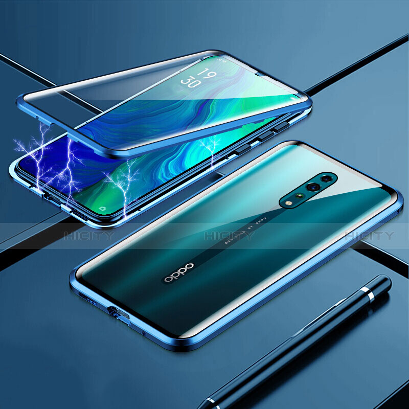 Coque Rebord Bumper Luxe Aluminum Metal Miroir 360 Degres Housse Etui pour Oppo Reno Z Bleu Plus