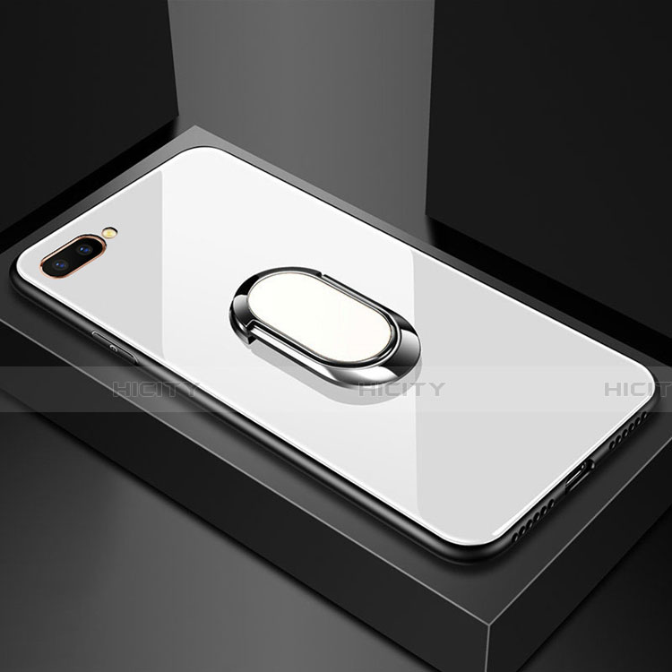 Coque Rebord Contour Silicone et Vitre Miroir Housse Etui avec Support Bague Anneau Magnetique A01 pour Oppo A12e Blanc Plus