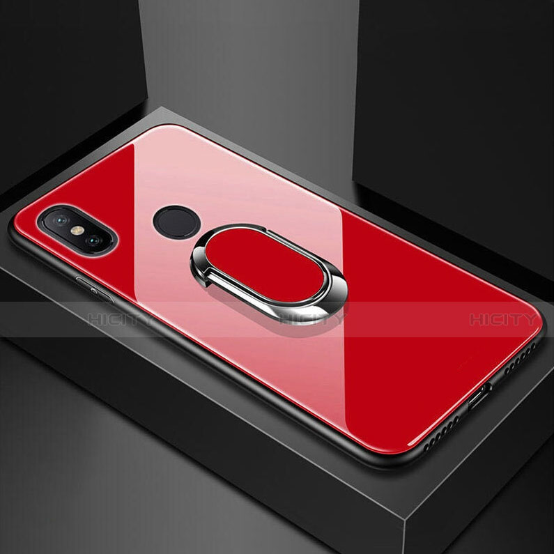 Coque Rebord Contour Silicone et Vitre Miroir Housse Etui avec Support Bague Anneau Magnetique A01 pour Xiaomi Mi A2 Lite Rouge Plus