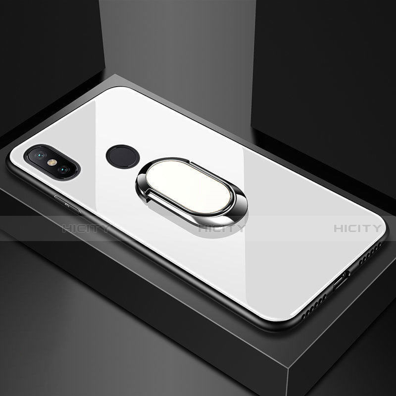 Coque Rebord Contour Silicone et Vitre Miroir Housse Etui avec Support Bague Anneau Magnetique A01 pour Xiaomi Redmi 6 Pro Blanc Plus