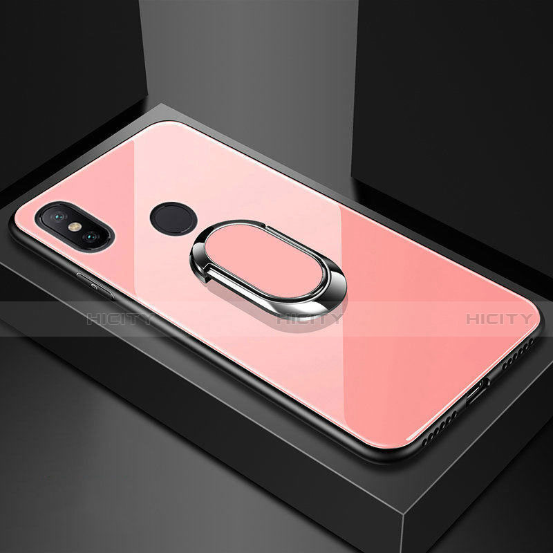 Coque Rebord Contour Silicone et Vitre Miroir Housse Etui avec Support Bague Anneau Magnetique A01 pour Xiaomi Redmi 6 Pro Or Rose Plus