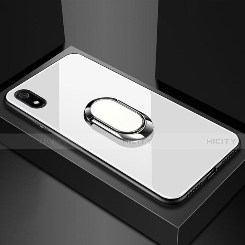 Coque Rebord Contour Silicone et Vitre Miroir Housse Etui avec Support Bague Anneau Magnetique A01 pour Xiaomi Redmi 7A Blanc Plus