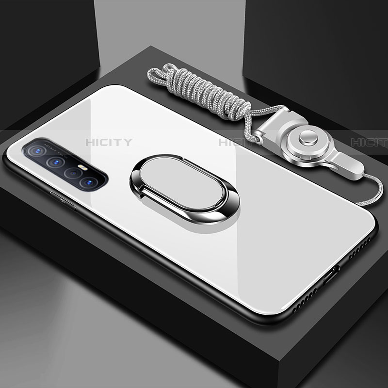 Coque Rebord Contour Silicone et Vitre Miroir Housse Etui avec Support Bague Anneau Magnetique A02 pour Oppo Reno3 Pro Blanc Plus