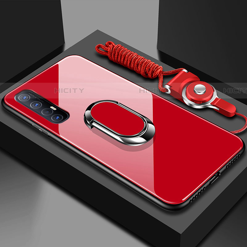 Coque Rebord Contour Silicone et Vitre Miroir Housse Etui avec Support Bague Anneau Magnetique A02 pour Oppo Reno3 Pro Rouge Plus