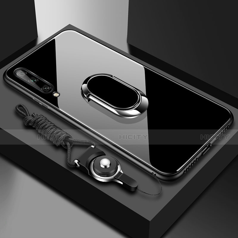 Coque Rebord Contour Silicone et Vitre Miroir Housse Etui avec Support Bague Anneau Magnetique pour Huawei Enjoy 10S Noir Plus