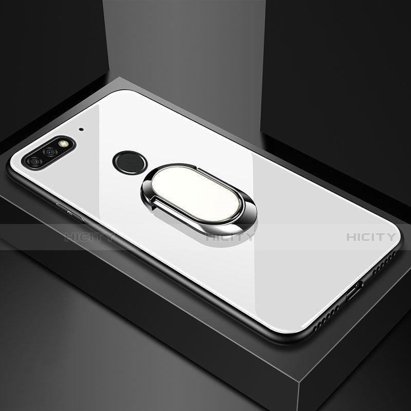 Coque Rebord Contour Silicone et Vitre Miroir Housse Etui avec Support Bague Anneau Magnetique pour Huawei Enjoy 8e Blanc Plus