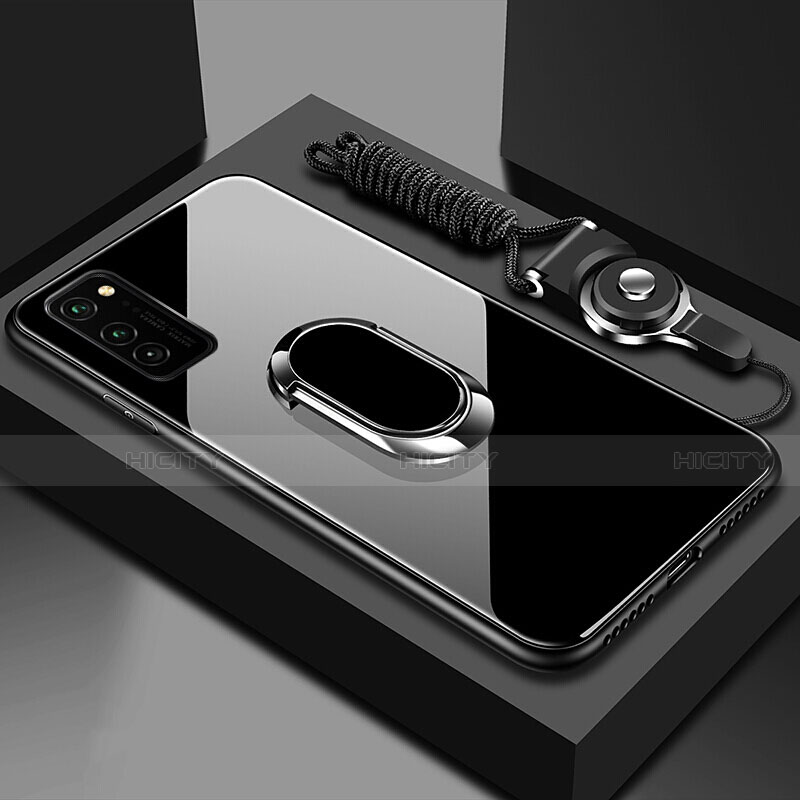 Coque Rebord Contour Silicone et Vitre Miroir Housse Etui avec Support Bague Anneau Magnetique pour Huawei Honor V30 Pro 5G Noir Plus
