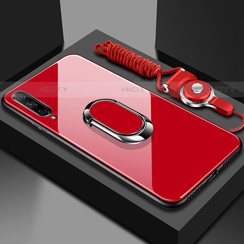 Coque Rebord Contour Silicone et Vitre Miroir Housse Etui avec Support Bague Anneau Magnetique pour Huawei P Smart Pro (2019) Rouge Plus